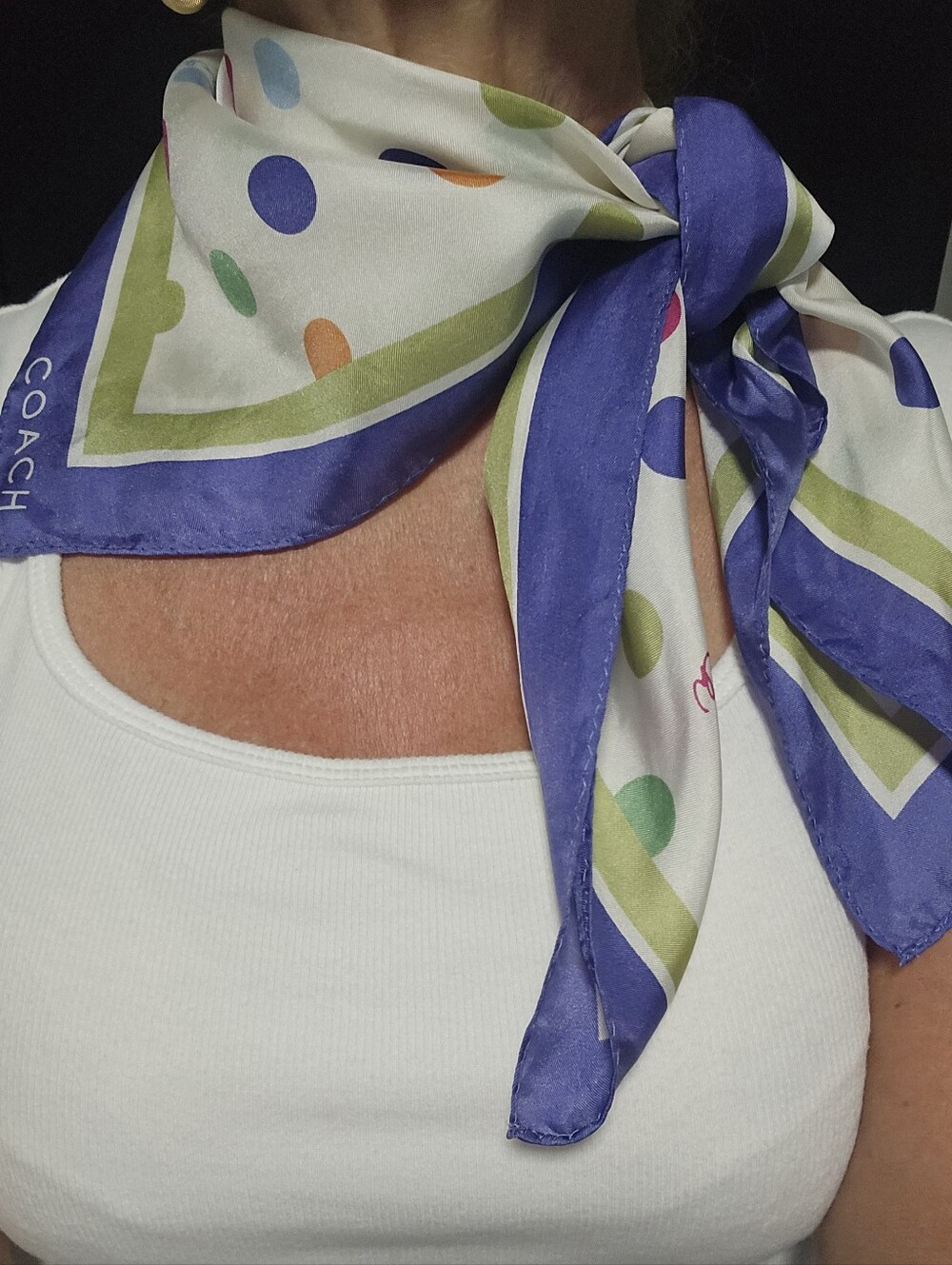 COACH SILK Polka Dot Scarf in White with Multicolor Dots 26" Square